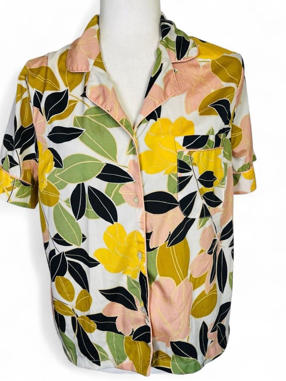 Rachel Zoe Size Medium M Button Down Pajama Top Shirt Short Sleeve Floral Green